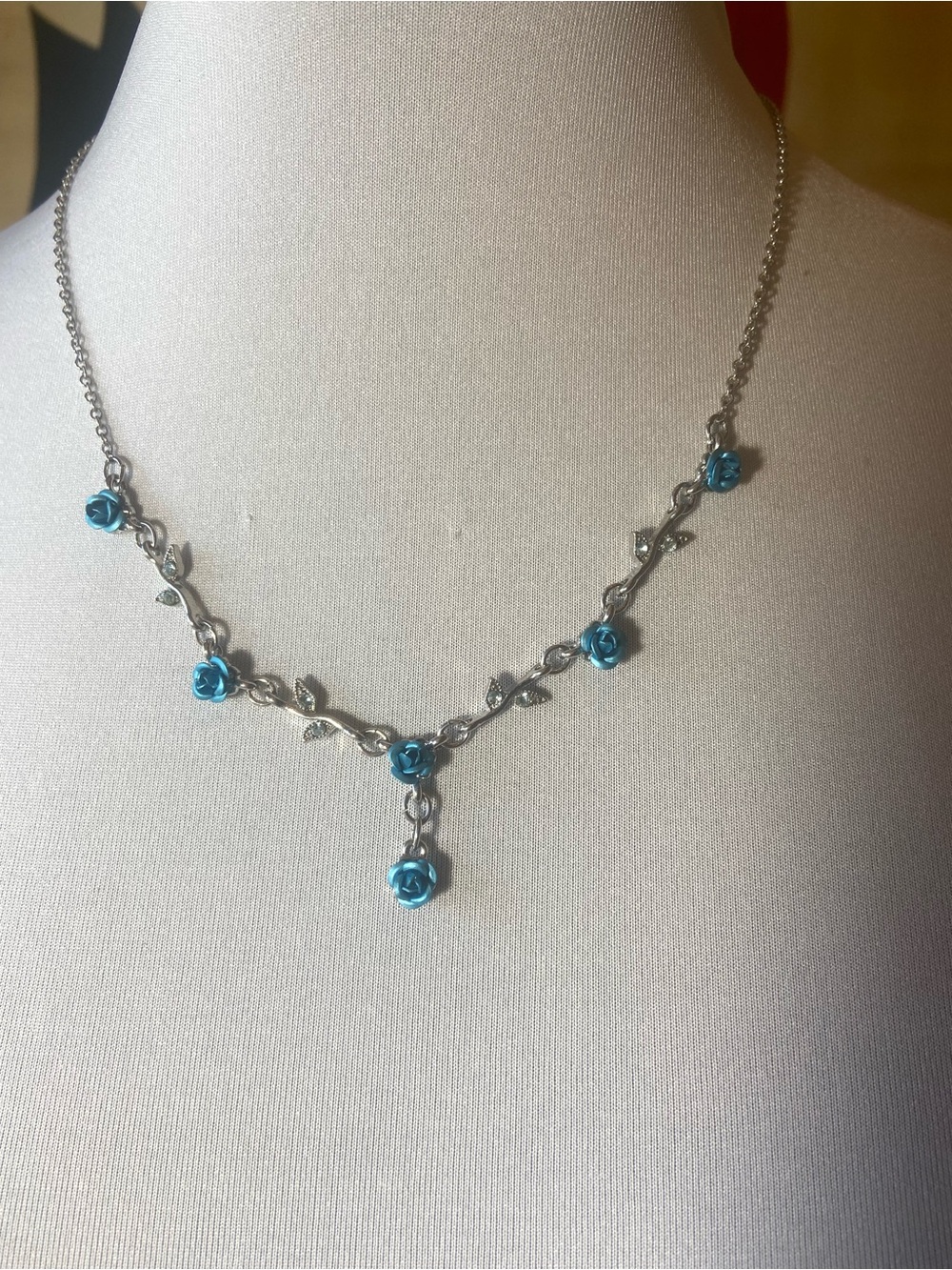 Silver Vine Necklace with Turquoise Rose Charms